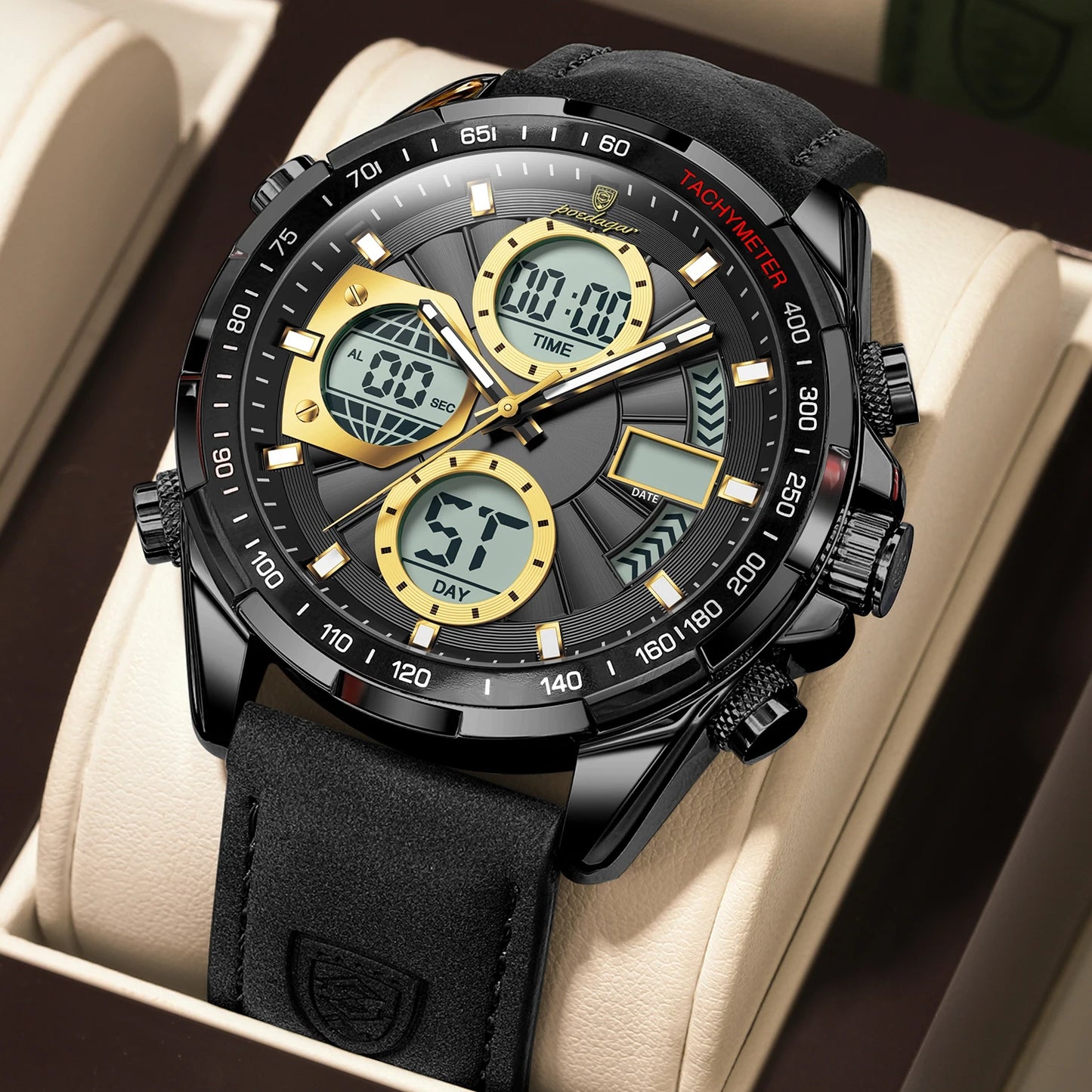 POEDAGAR LED Luminous Dual Time Display Digital Quartz Watch