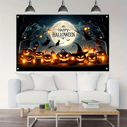 Art Deco Halloween Wall Banner Backdrop with Pumpkins, Witches, and Bats