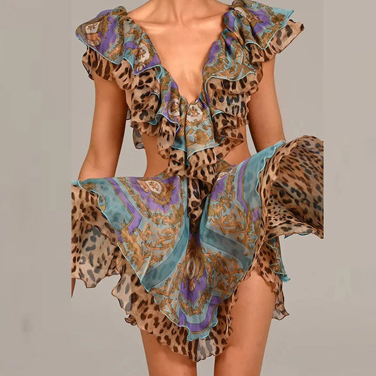Sleeveless Pleat Ruffled Printed Mini Dress