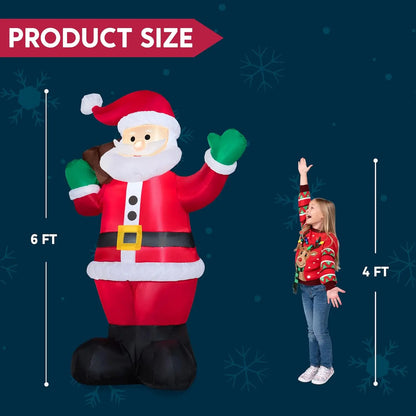 6 FT Christmas Inflatable Santa with Gift Bag - Outdoor LED Lawn Decoration