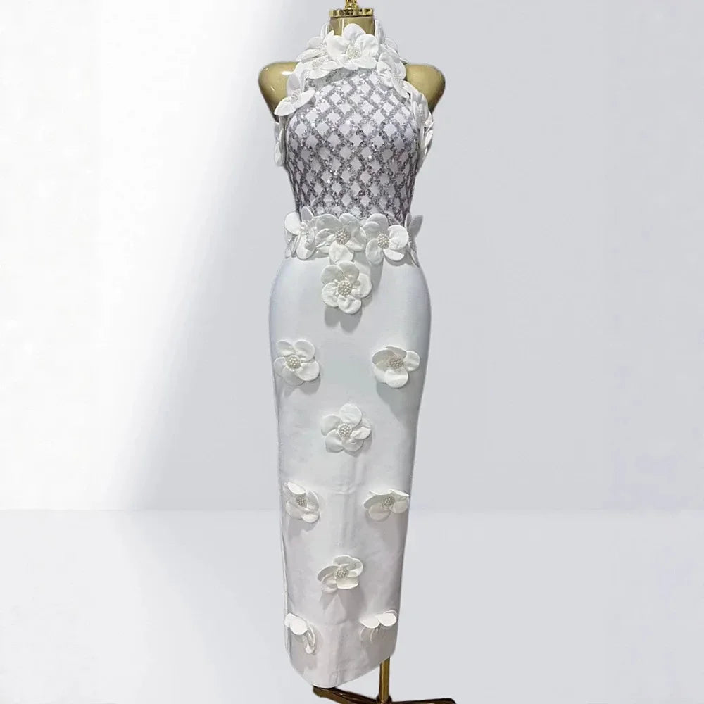 Glamorous Sequined 3D Flower Halter Bodycon Evening Gown