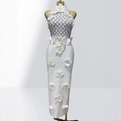 Glamorous Sequined 3D Flower Halter Bodycon Evening Gown