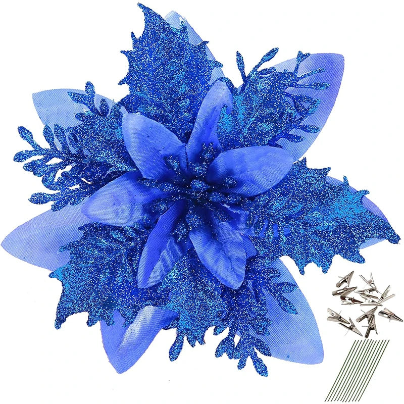 18Pcs Glitter Artificial Christmas Flowers With Clips