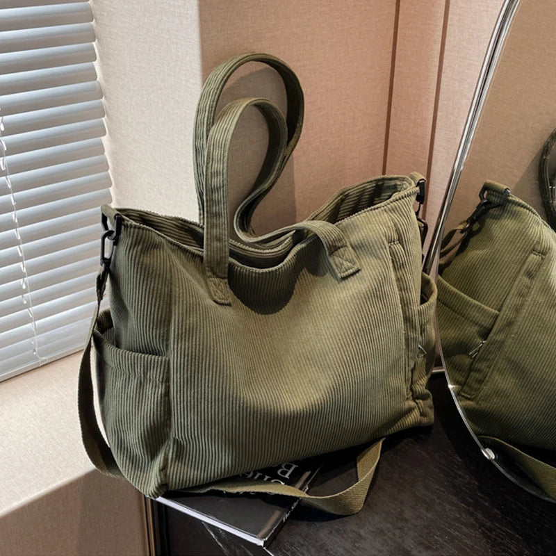 Women Corduroy Multi-Pocket Shoulder Tote & Crossbody Sling Bag