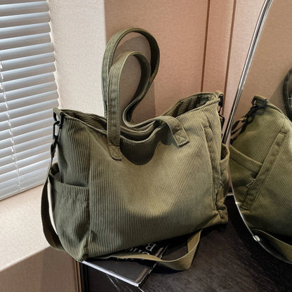 Women Corduroy Multi-Pocket Shoulder Tote & Crossbody Sling Bag
