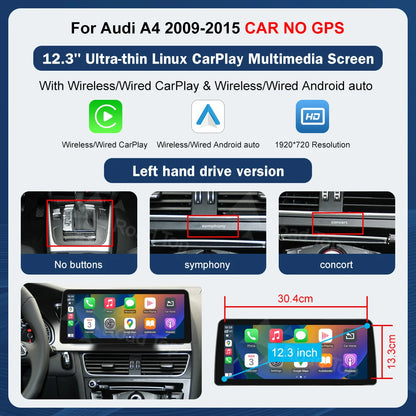 Road Top 8.9" / 12.3" Touchscreen Multimedia Display for Audi A4 S4 (2009–2015) with Wireless CarPlay & Android Auto