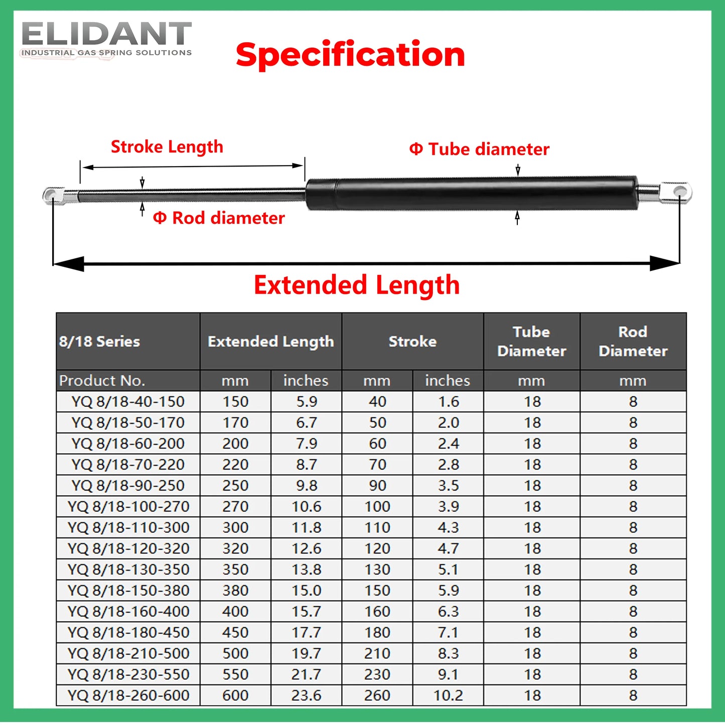 1PC 100-500N 150-600mm Universal Gas Strut Gas Spring Lift Support with Steel Eye Ends