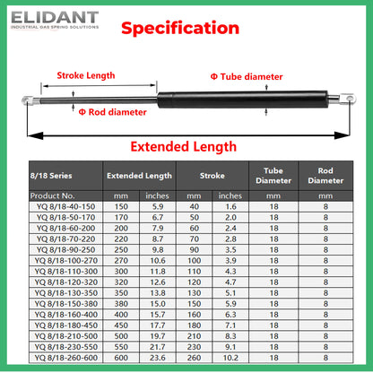 1PC 100-500N 150-600mm Universal Gas Strut Gas Spring Lift Support with Steel Eye Ends