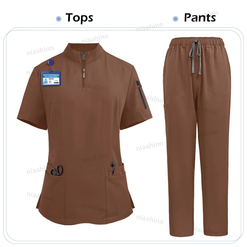 NiaaHinn Women's Stretch V-Neck Scrub Top & Cargo Pants Set