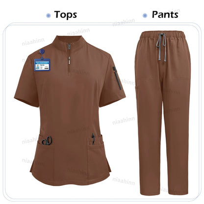 NiaaHinn Women's Stretch V-Neck Scrub Top & Cargo Pants Set