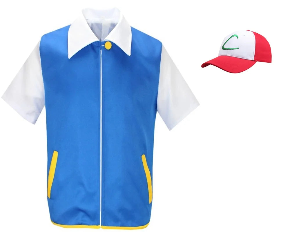 Ash Ketchum Cosplay Costume Set – Anime Trainer Outfit with Jacket, Cap & Gloves for Halloween & Cosplay Events