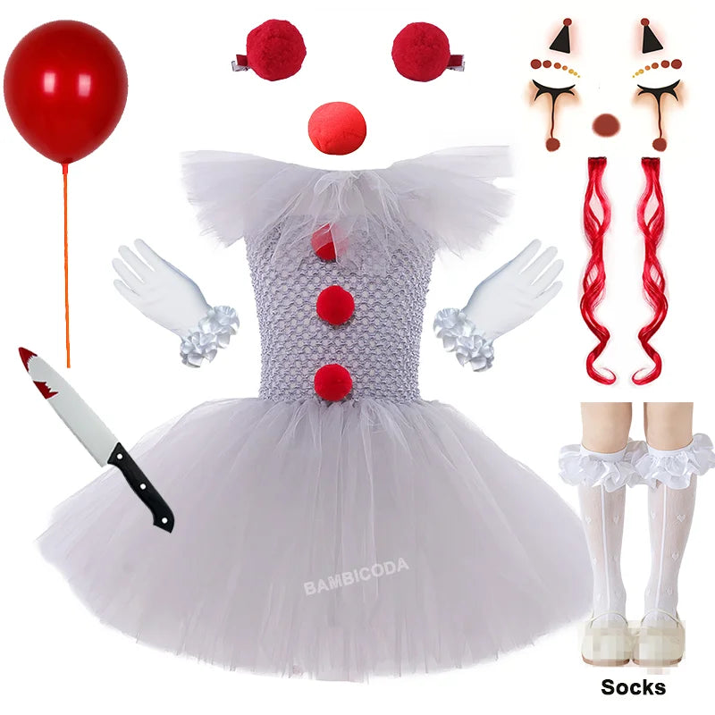 Girls' Pennywise Halloween Costume Dress Set - Creepy Clown Tutu Outfit for Kids