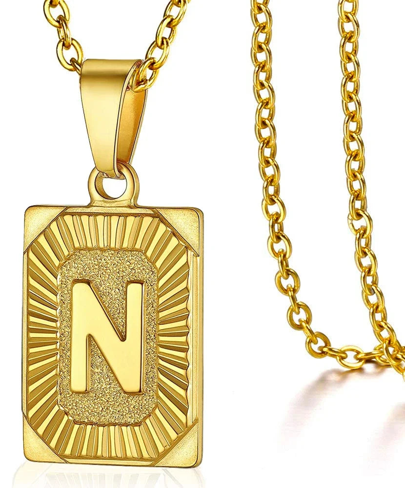 Stainless Steel Initial Pendant Necklace – Minimalist Square Letter Charm Jewelry for Women & Men