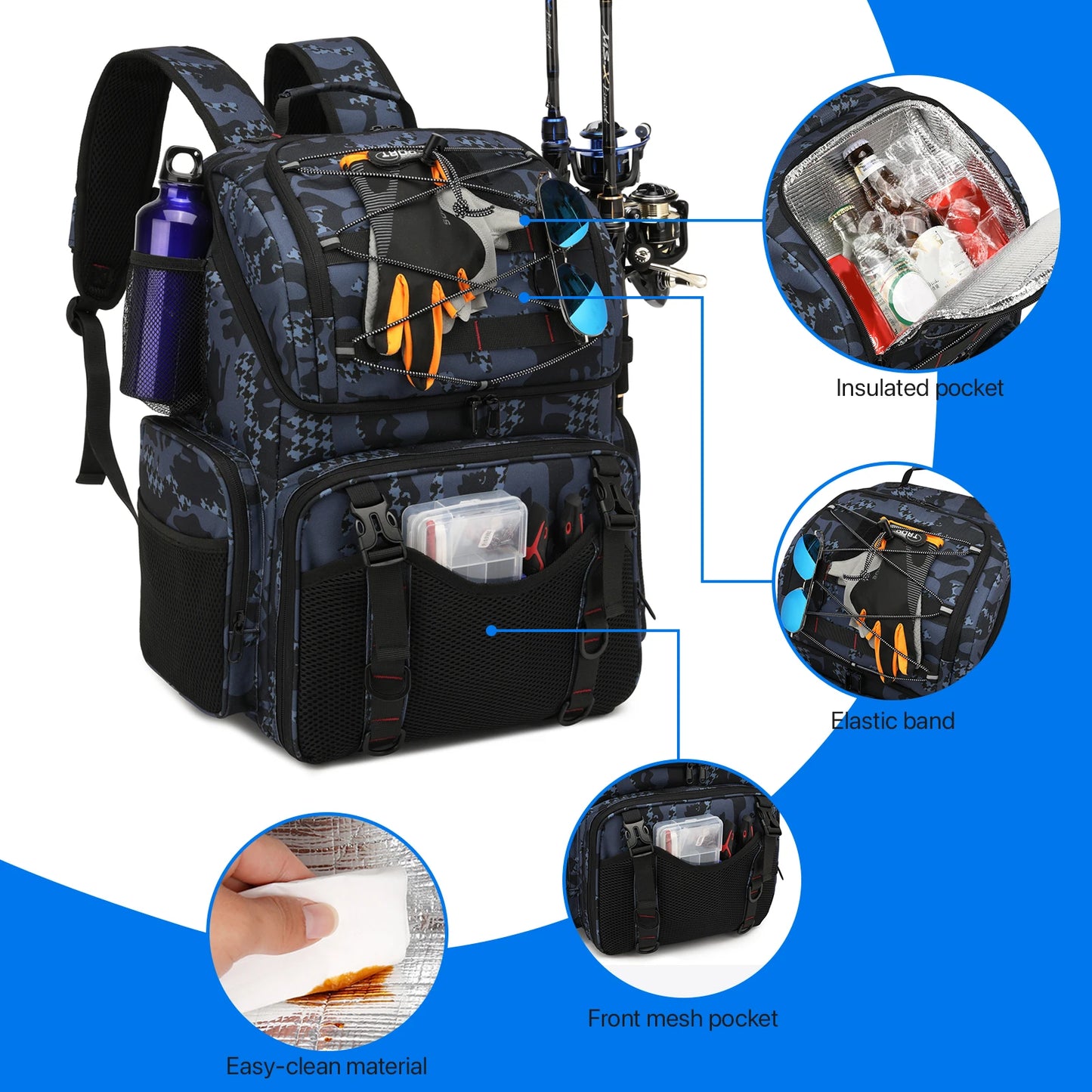 45L Fishing Tackle Storage Bag with Rod Holders & Rain Cover