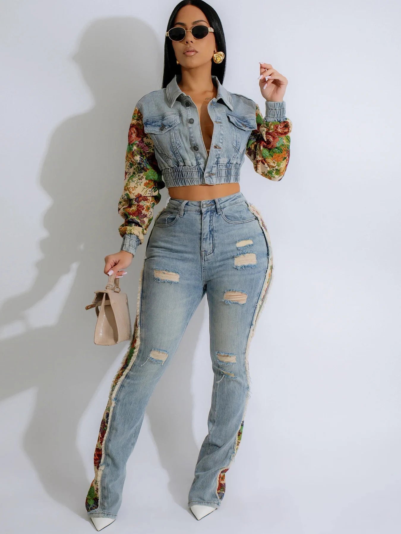 Women's Retro Denim Patchwork Two-Piece Suit