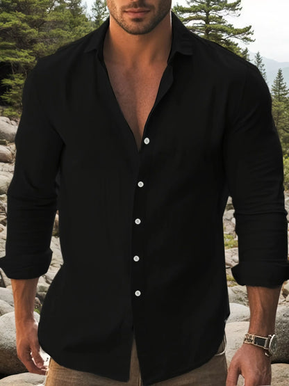 Men's Slim Fit Cotton Casual Long Sleeve Shirt - Lightweight Roll-Up Cuff Button Down