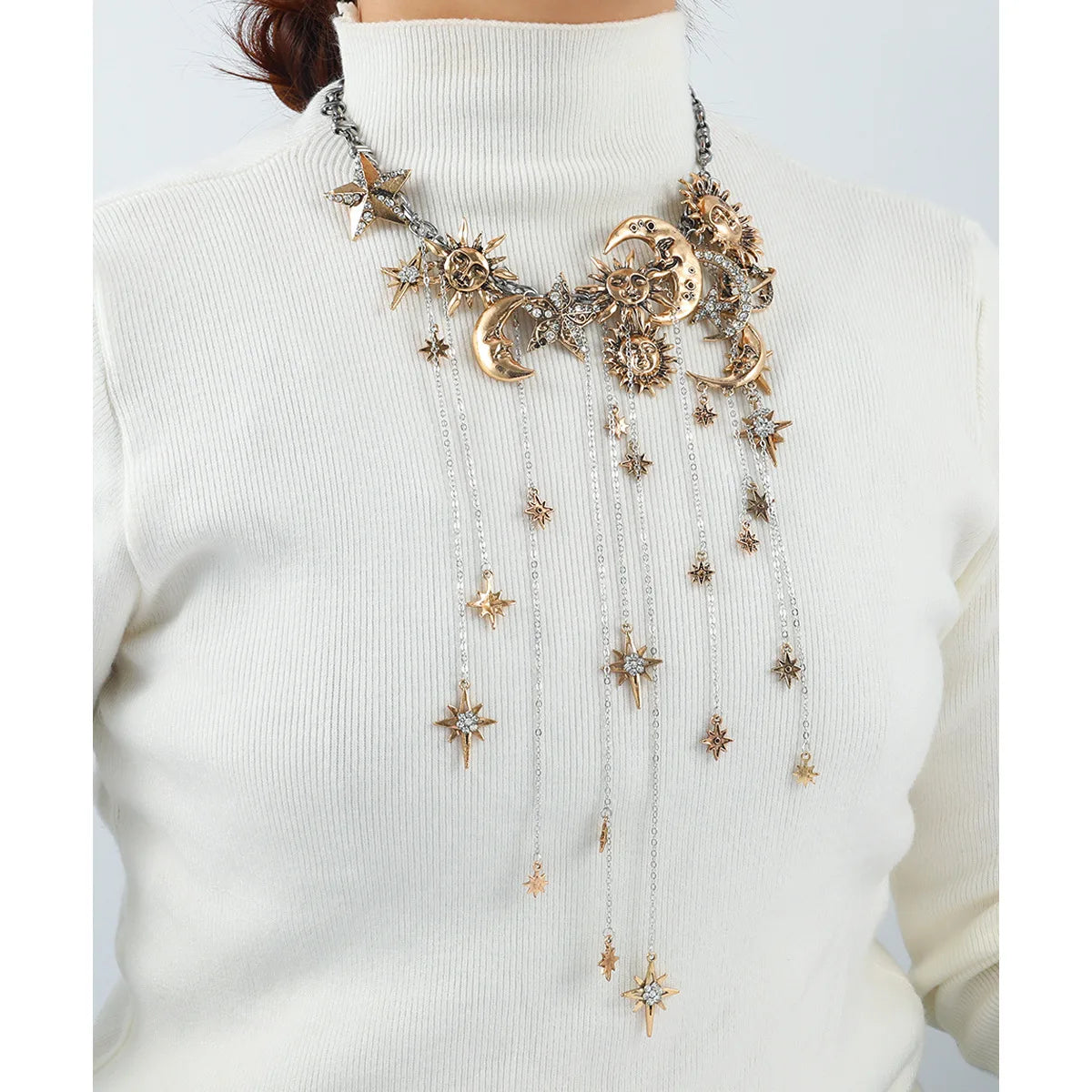 Exaggerated Multi-layered Tasseled Pendant Necklace with Moon, Star, Sun
