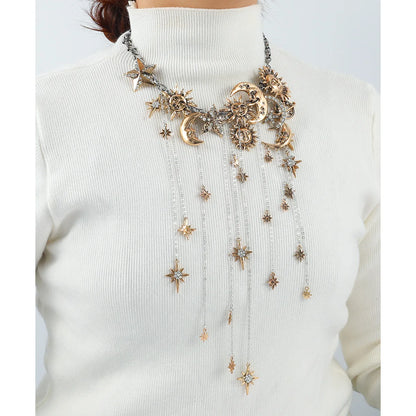 Exaggerated Multi-layered Tasseled Pendant Necklace with Moon, Star, Sun