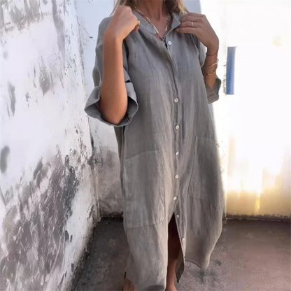 Women's Casual Loose Cotton Linen Solid Color Dress with Pockets
