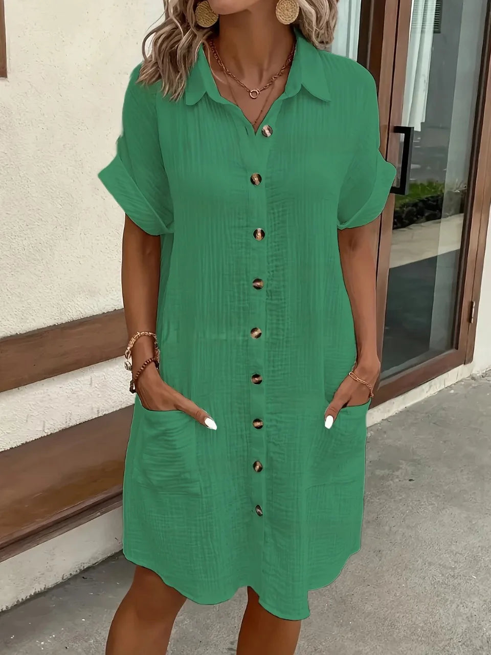 V-Neck Single-Breasted Mini Dress - Casual Loose Fit Short Sleeve Summer Dress