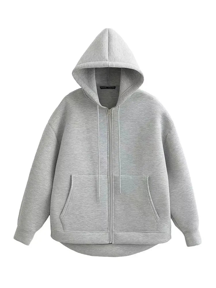 Women's Casual Loose Hooded Zip-Up Jacket with Big Pockets