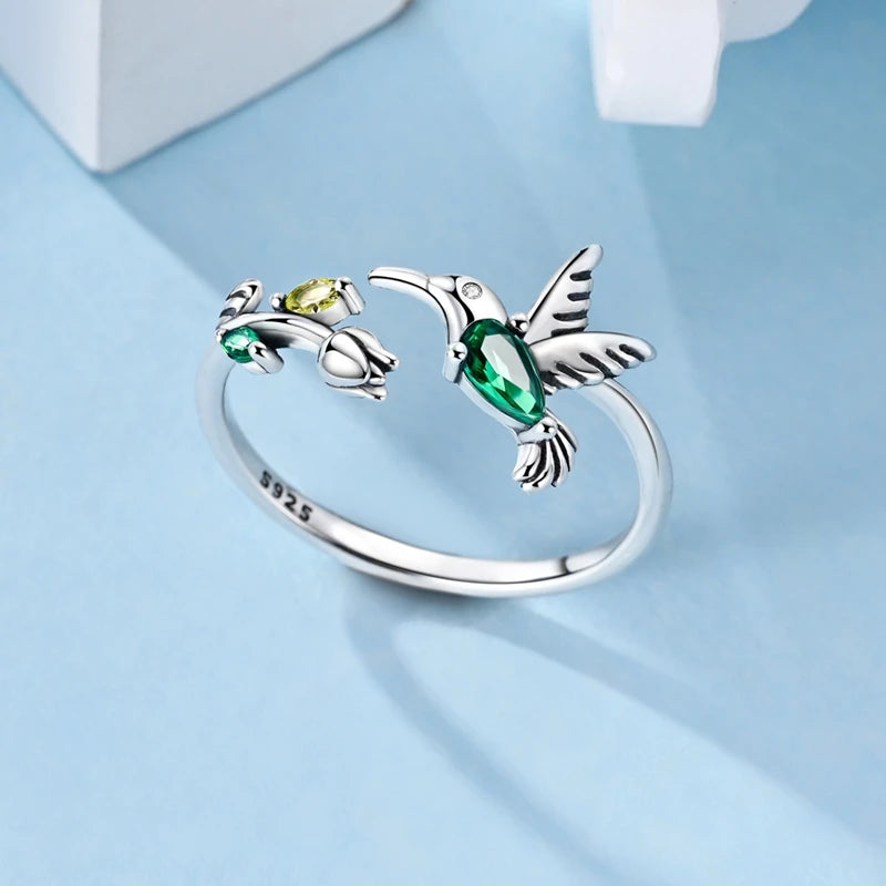 MULA 925 Sterling Silver Tulip Hummingbird Adjustable Ring