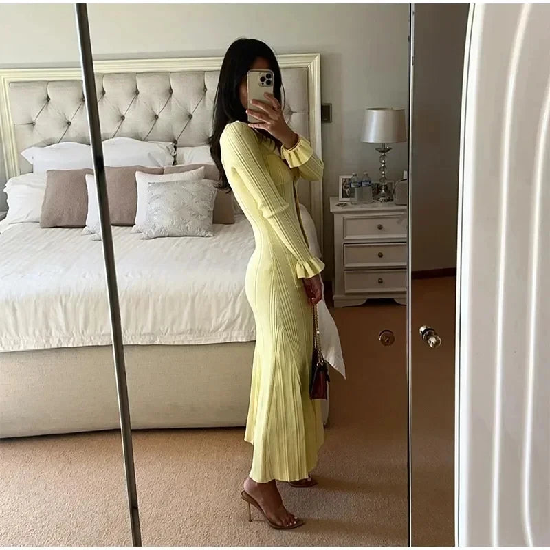 Women's Vintage Knitted Ruffle Single-Breasted Long Dress