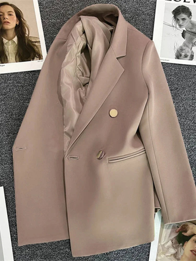 Women's Elegant Double-Breasted Blazer Jacket - Spring Autumn Slim Fit Korean Style Outerwear