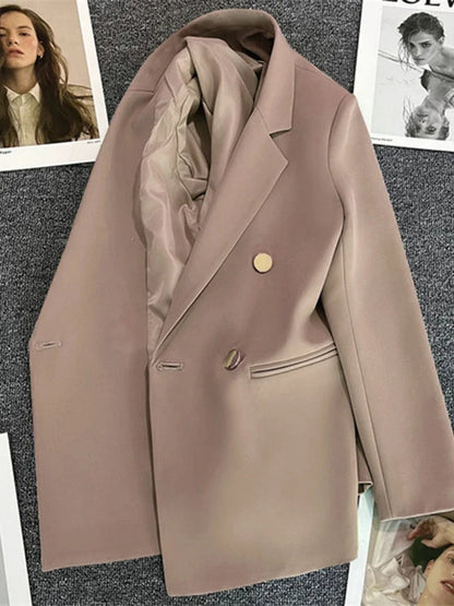 Women's Elegant Double-Breasted Blazer Jacket - Spring Autumn Slim Fit Korean Style Outerwear