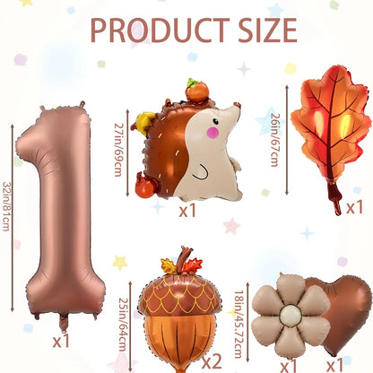 7Pcs Autumn Pinecone Hedgehog Balloon Set - 32 Inch Brown Number 1-9 Thanksgiving & Birthday Decor