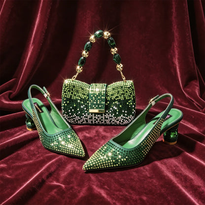 Emerald Green Rhinestone High Heels & Matching Handbag Set