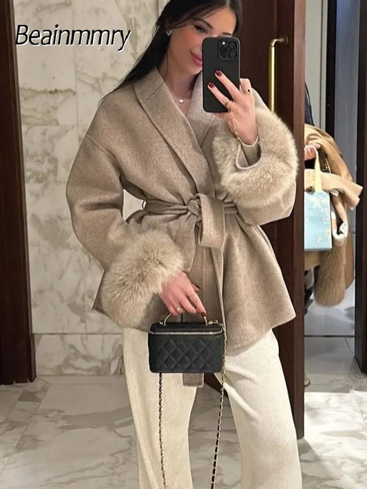 Elegant Lace-Up Woolen Short Coat with Furry Trim