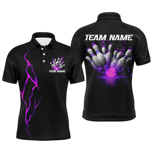 Men's Custom Name Purple Lightning Bowling Polo Shirt