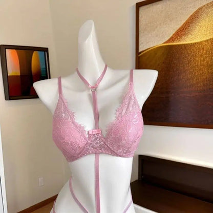 Pink Halter Neck Lace Bra Set