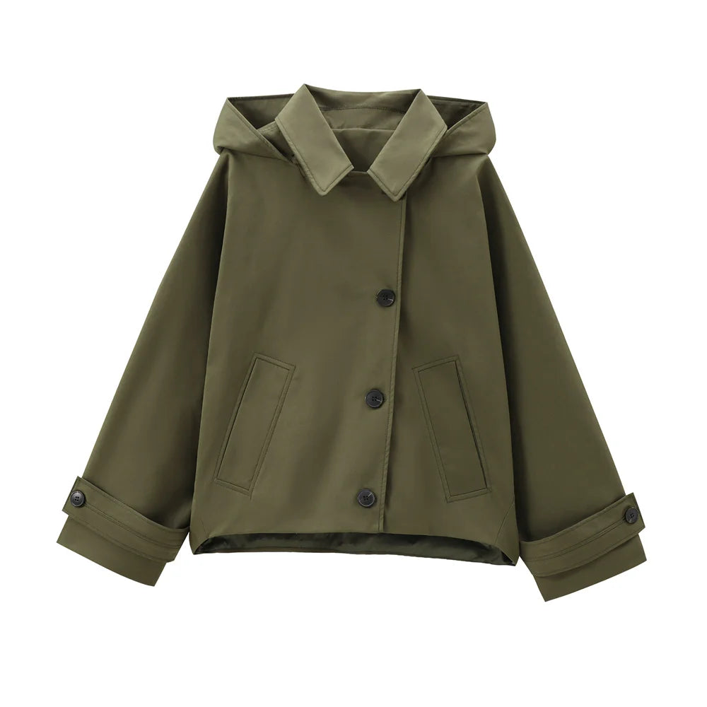 Women's European & American Style Hooded Lapel Jacket – Single-Breasted Trench Coat