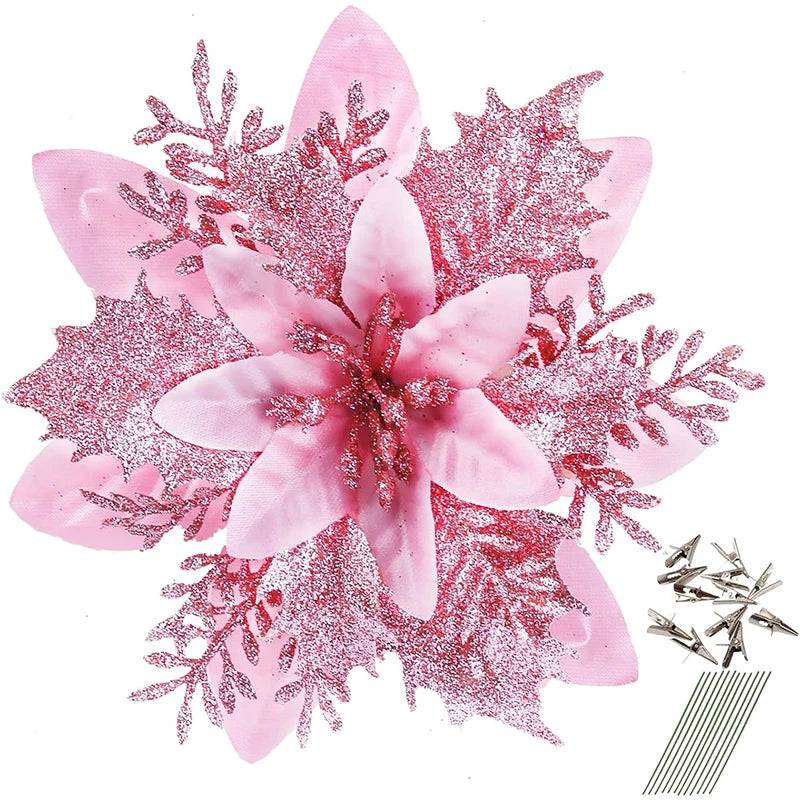 18Pcs Glitter Artificial Christmas Flowers With Clips