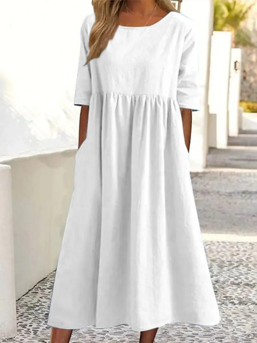 Women's Casual Linen Blend Loose Fit Midi Dress with Pockets