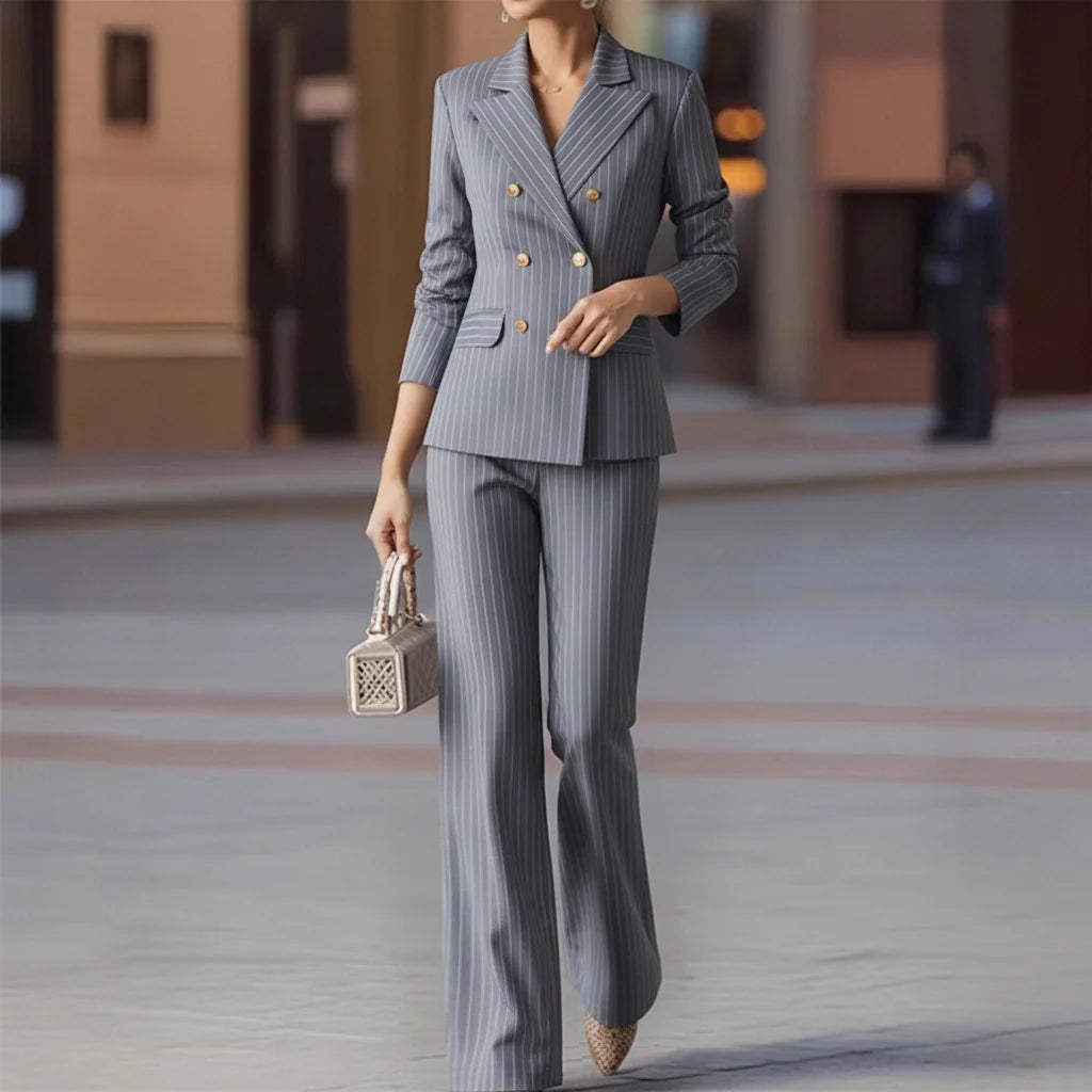 Women's Elegant Striped Double-Breasted Blazer & Wide-Leg Pants 2-Piece Suit Set
