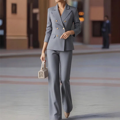 Women's Elegant Striped Double-Breasted Blazer & Wide-Leg Pants 2-Piece Suit Set