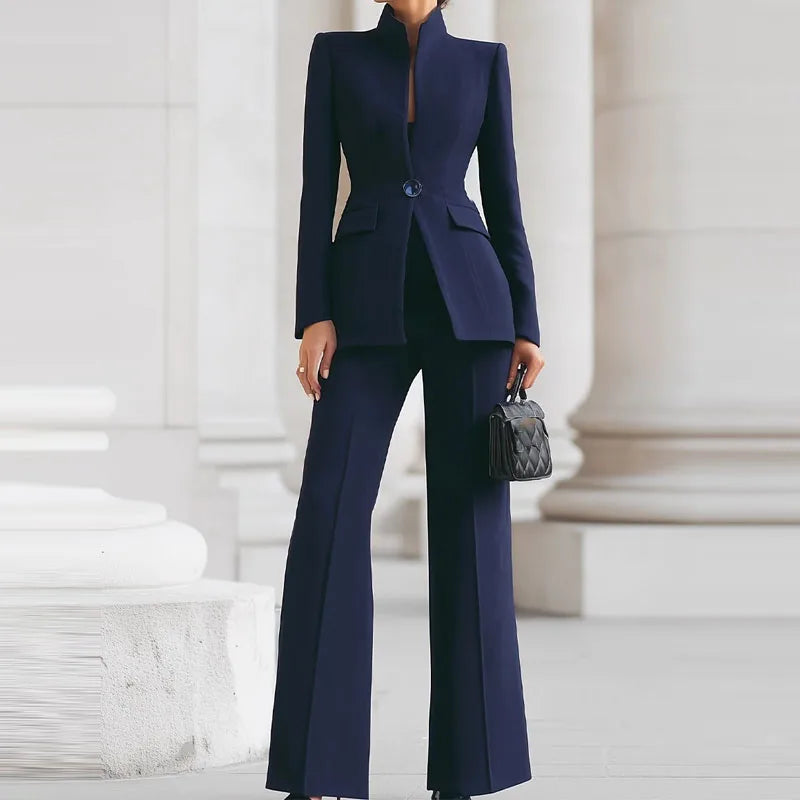 Women's 2-Piece V-Neck Single-Button Blazer & Wide-Leg Pants Suit Set