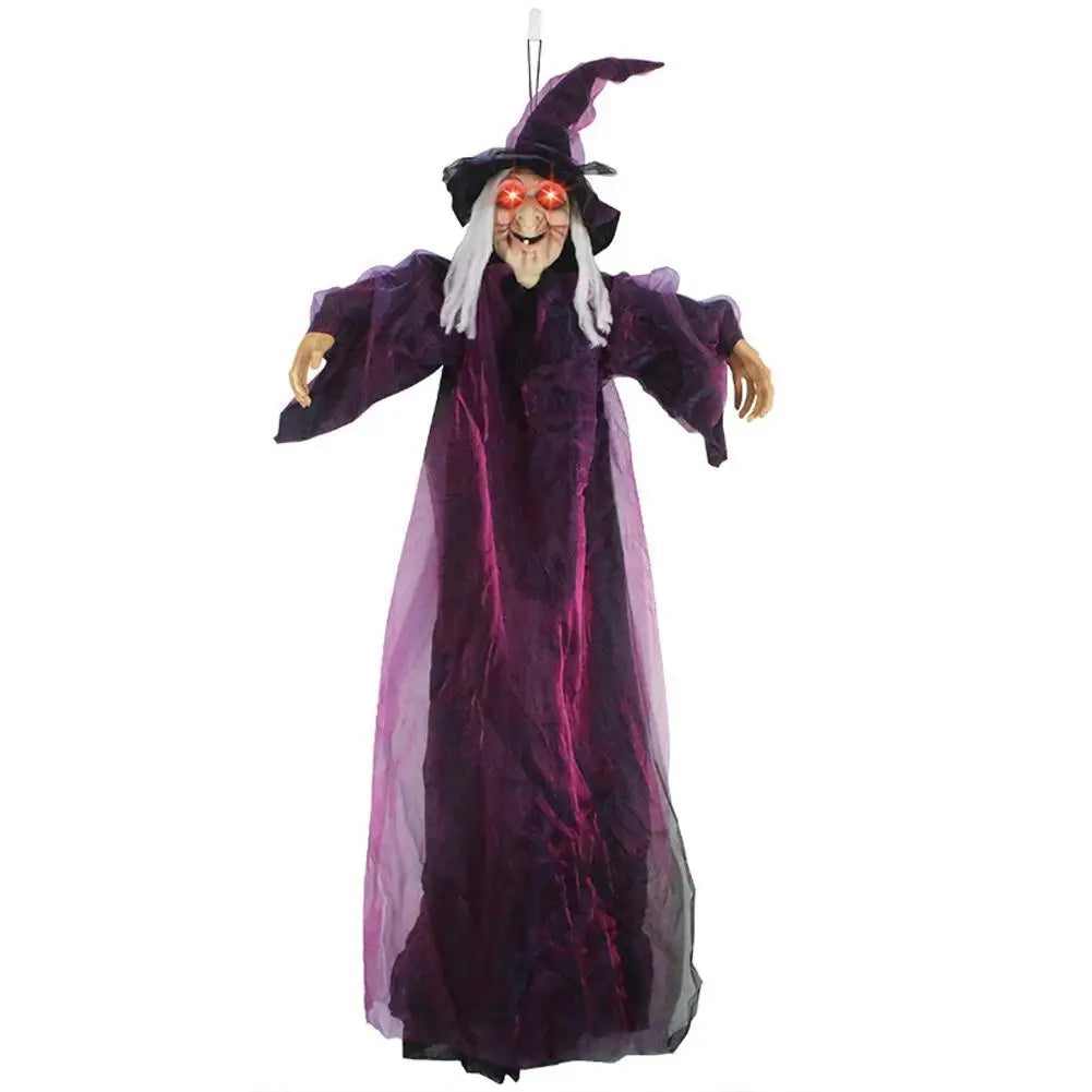 Life-Size Animated Purple Hanging Witch Halloween Prop with Voice Control & LED Eyes