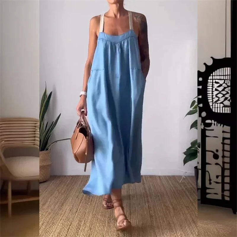 Women's Sleeveless Cotton Linen Casual Maxi Dress