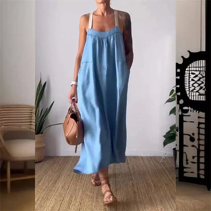 Women's Sleeveless Cotton Linen Casual Maxi Dress