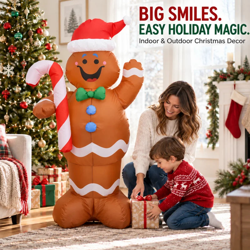 Giant 5FT Christmas Inflatable Gingerbread Man Decoration with Candy Cane & LED Lights