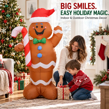 Giant 5FT Christmas Inflatable Gingerbread Man Decoration with Candy Cane & LED Lights