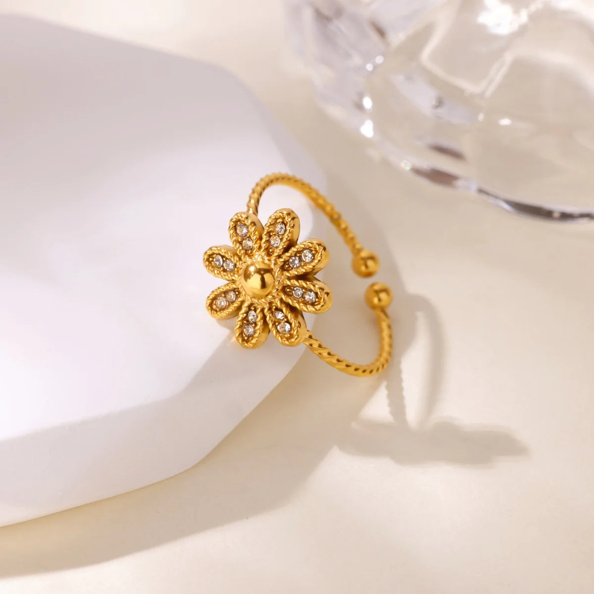 18K Gold Plated Zircon Geometric Open Ring – Trendy Waterproof Stainless Steel Jewelry