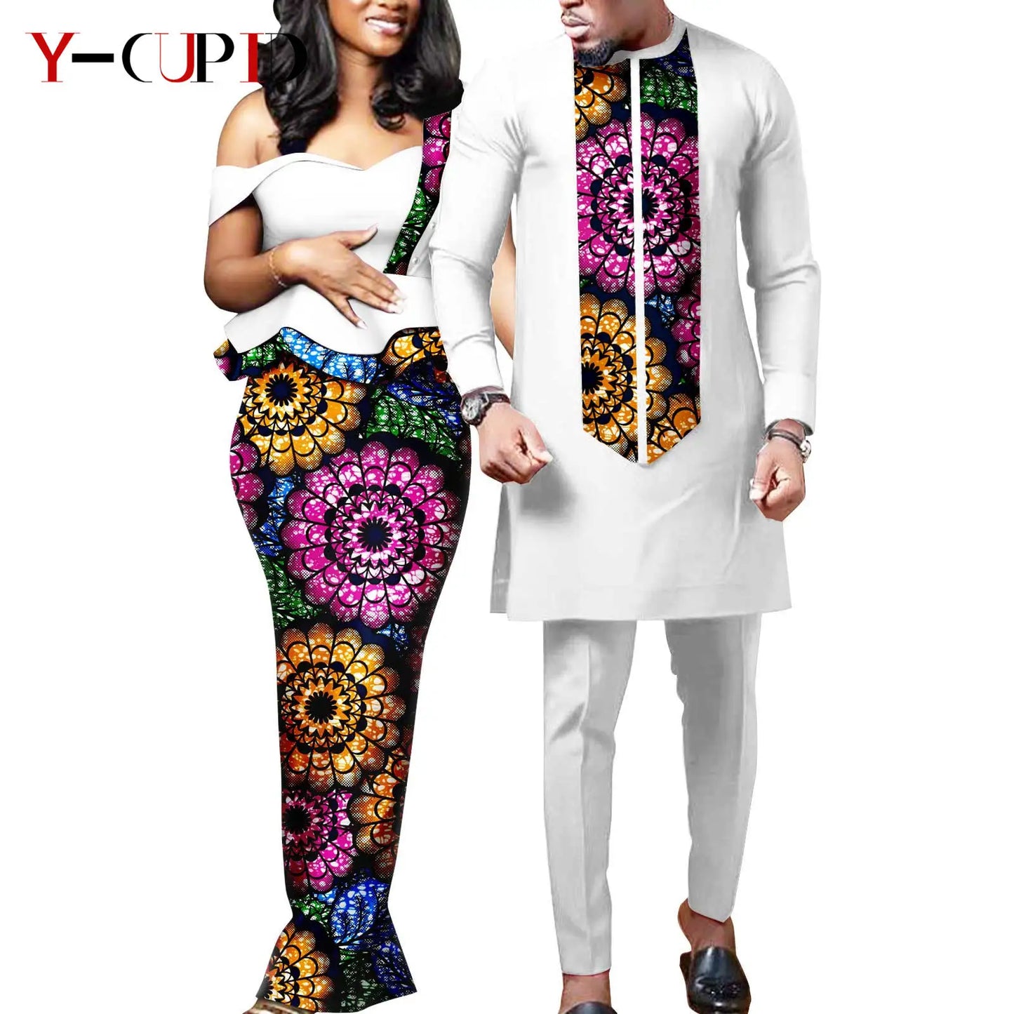 African Print Matching Couple Outfits Men's Dashiki Shirt Set & Women's Dress