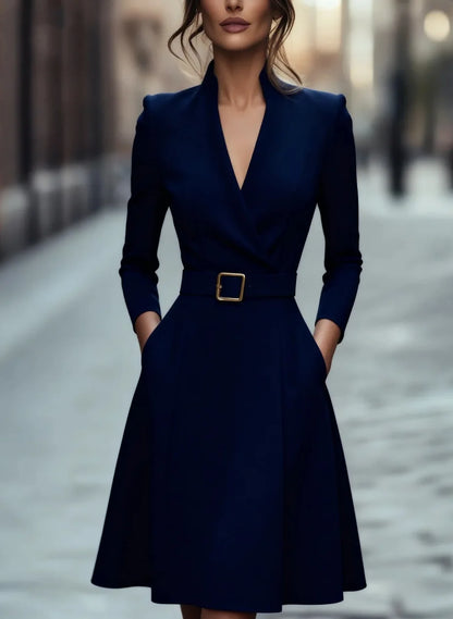 Solid Color V-neck A-line Belted Waist Dress
