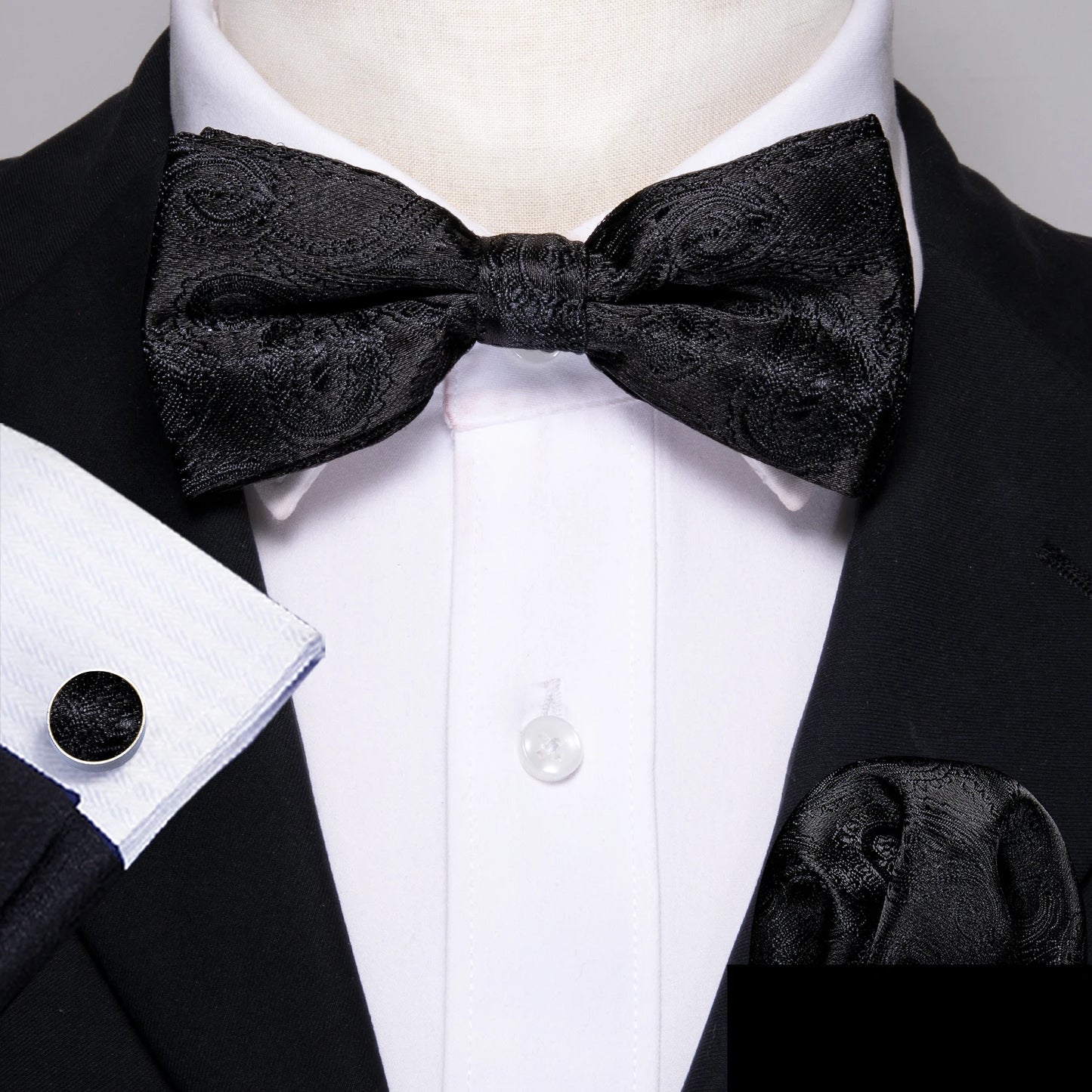 Barry.Wang Silk Bow Tie Hanky Cuffs Set