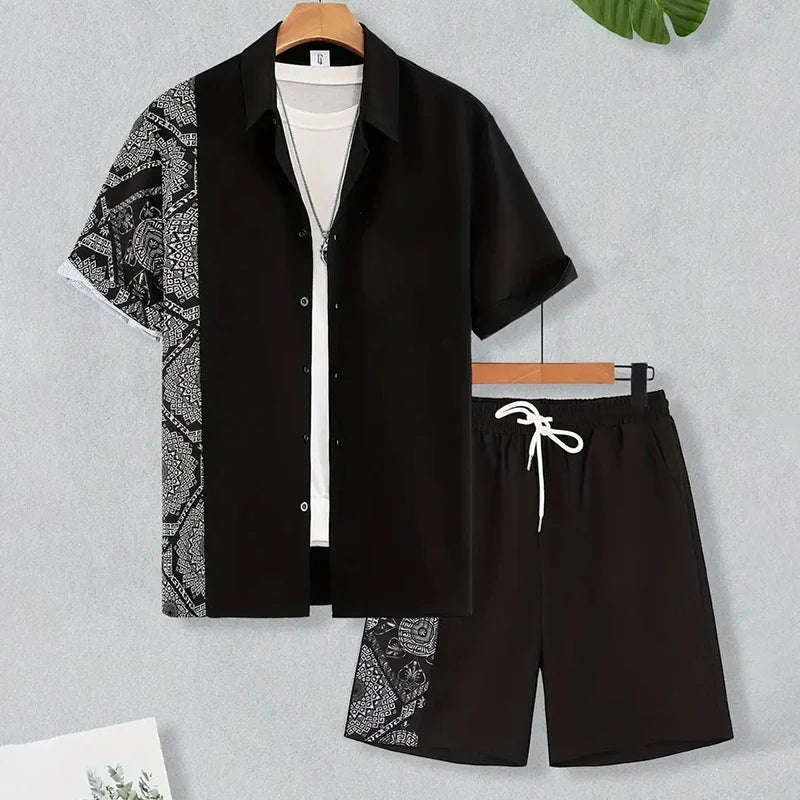 Men's Tropical Hawaiian Printed Short Sleeve Shirt & Shorts 2-Piece Suit Set